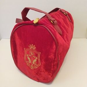 K L Red Quilted Velvet Zip Faux Leather Double Handle Travel Duffel ShoulderBag